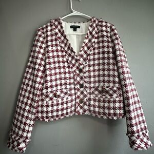 Ann Taylor Burgundy and White Checkered Blazer